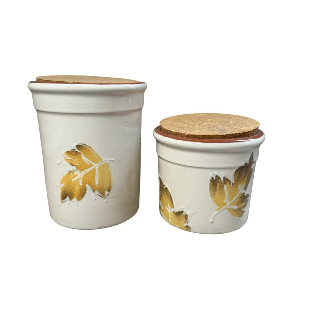 World Market Ceramic Leaf Autumn Utensil Canister Jars with Cork Lid Bundle
